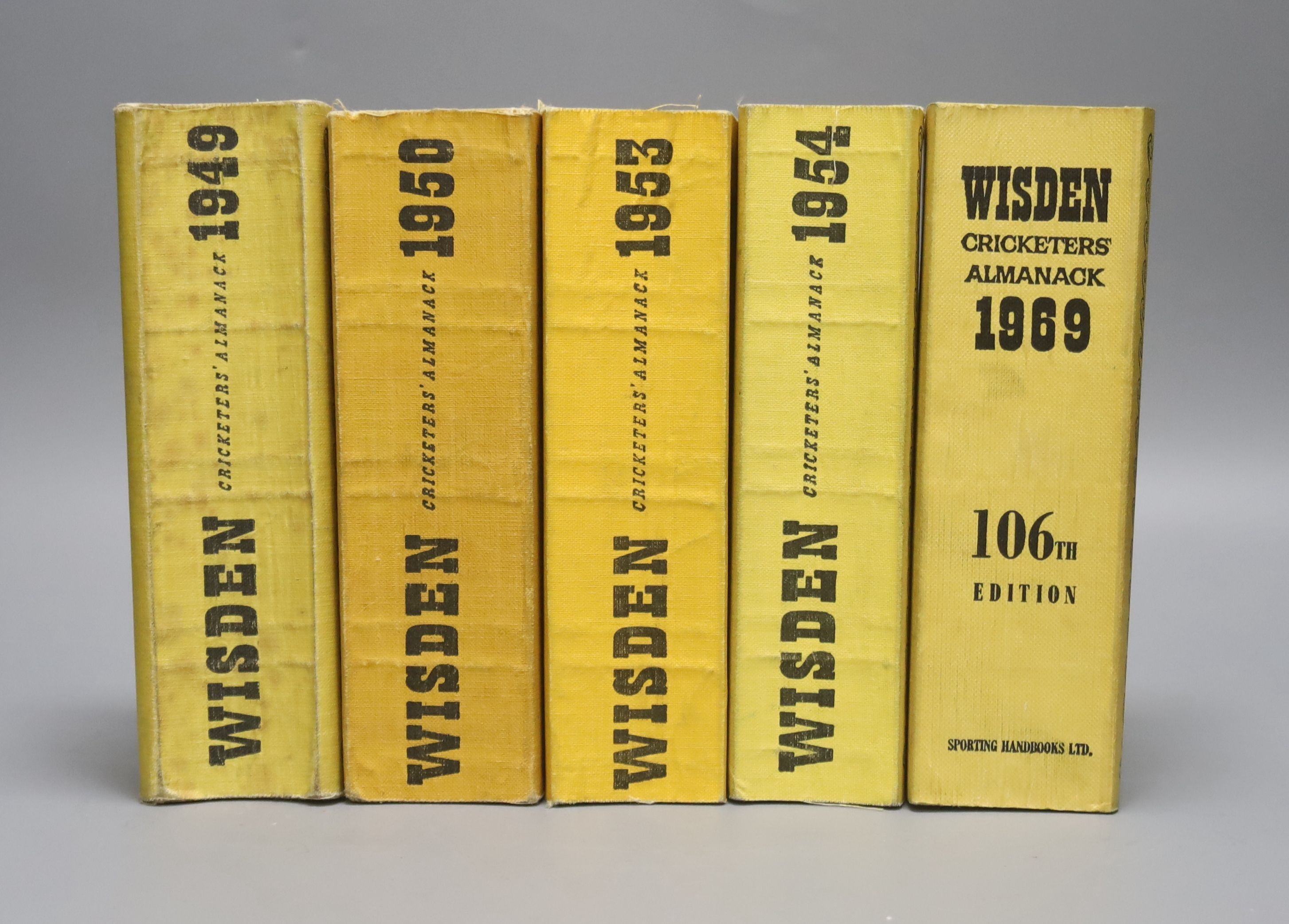 Five Wisden Cricketer's Almanacks, 1949, 1950, 1953, 1954 and 1969, soft covers
